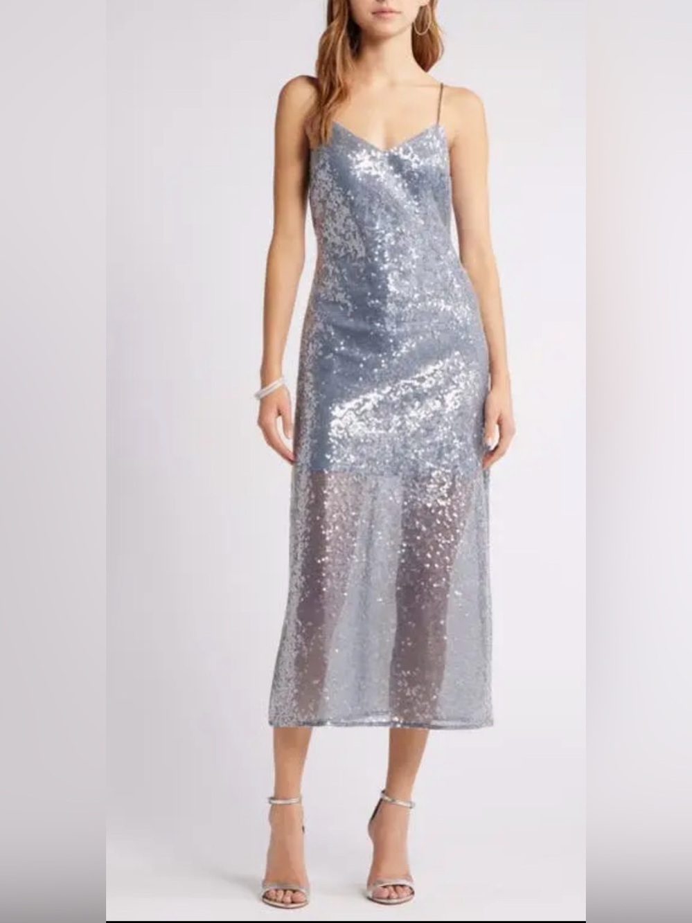 Sequin Slip Midi Dress in Silver